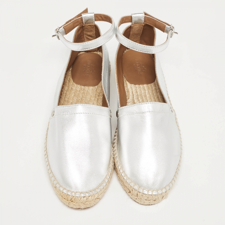 Pre Owned Hermes Silver Leather Malaga Ankle Strap Espadrilles Size 38