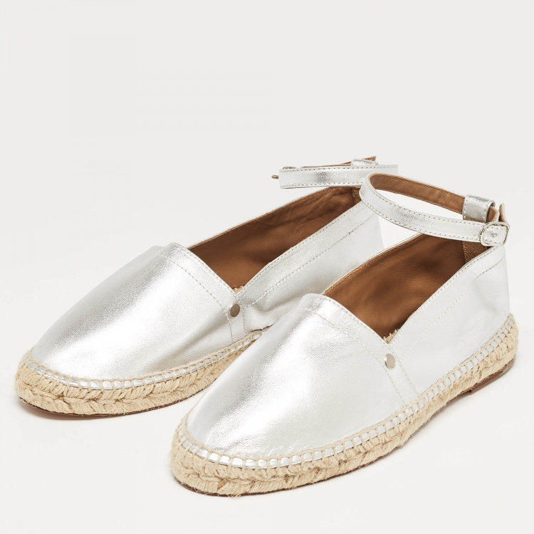 Pre Owned Hermes Silver Leather Malaga Ankle Strap Espadrilles Size 38