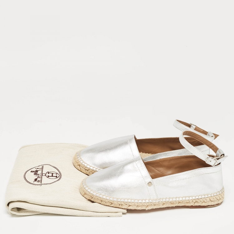 Pre Owned Hermes Silver Leather Malaga Ankle Strap Espadrilles Size 38