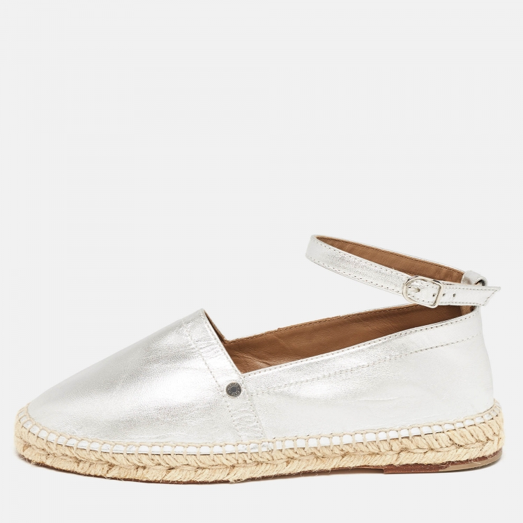Pre Owned Hermes Silver Leather Malaga Ankle Strap Espadrilles Size 38