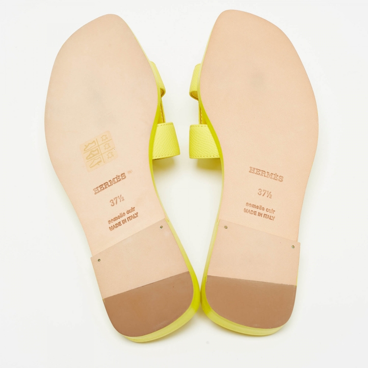 Pre Owned Hermes Yellow Leather Oran Flat Slides Size 37.5