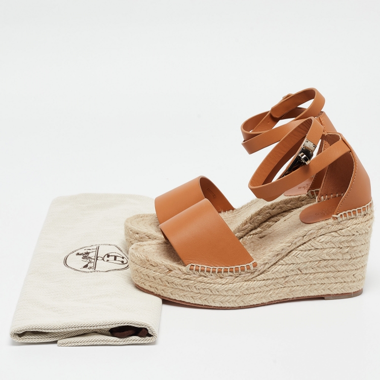 Pre Owned Hermes Beige/Brown Leather Espadrille Tipoli Sandals Size 37