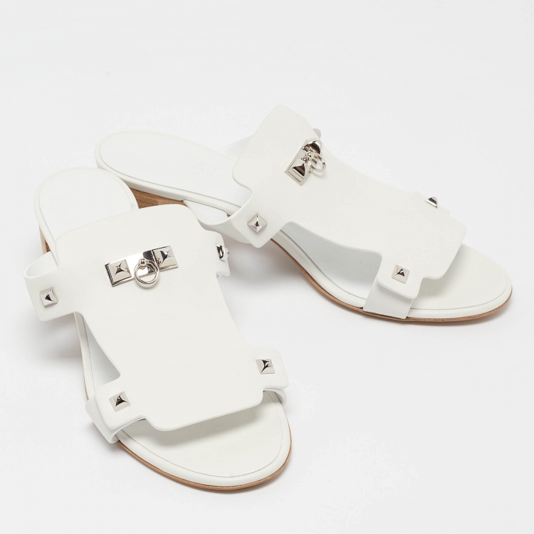Pre Owned Hermès White Leather Invincible Slide Sandals Size 39