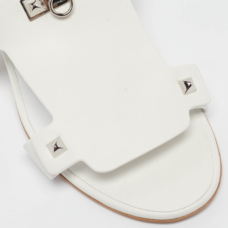 Pre Owned Hermès White Leather Invincible Slide Sandals Size 39