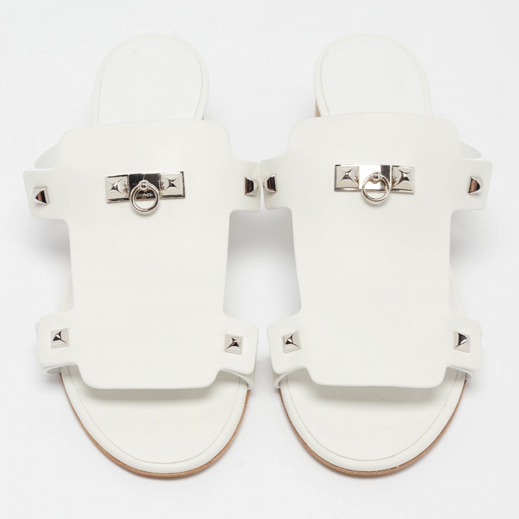 Pre Owned Hermès White Leather Invincible Slide Sandals Size 39