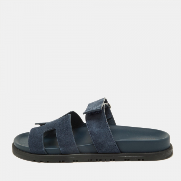 Pre Owned Hermes Blue Suede Chypre Velcro Strap Flat Sandals Size 37.5