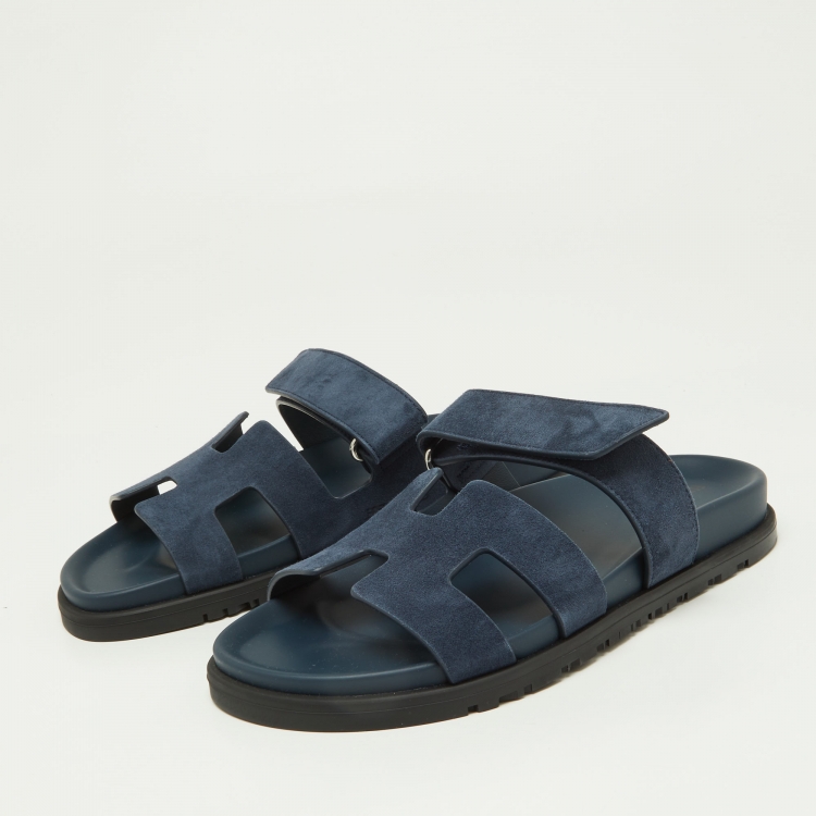 Pre Owned Hermes Blue Suede Chypre Velcro Strap Flat Sandals Size 37.5