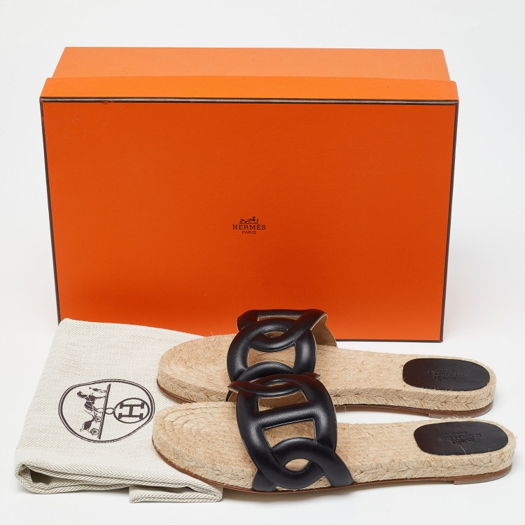Pre Owned Hermes Black Leather Famosa Espradrille Flats Size 38