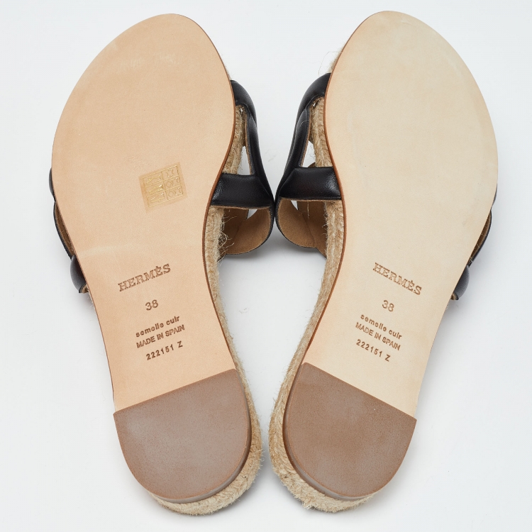 Pre Owned Hermes Black Leather Famosa Espradrille Flats Size 38