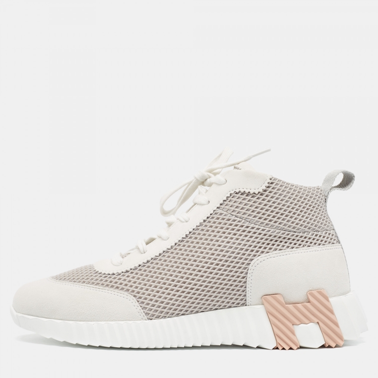 Pre Owned Hermes White/Grey Suede and Mesh Bouncing Sneakers Size 38