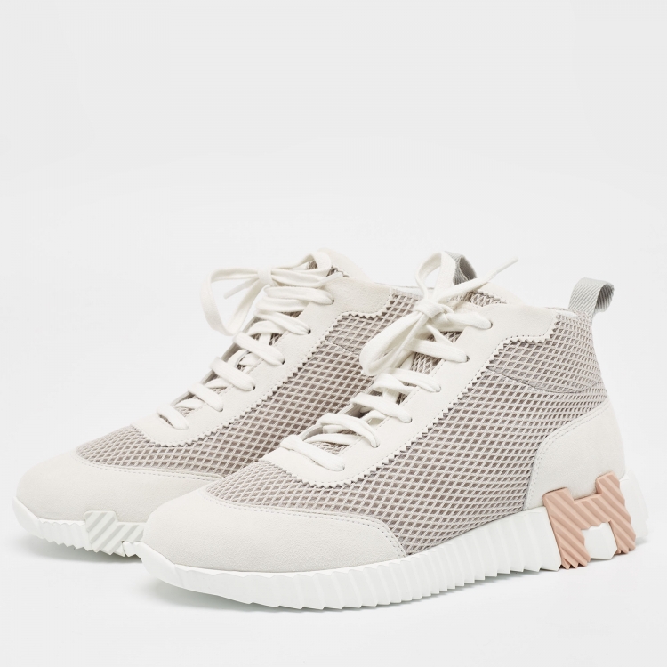 Pre Owned Hermes White/Grey Suede and Mesh Bouncing Sneakers Size 38