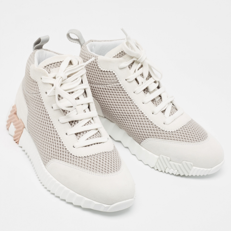 Pre Owned Hermes White/Grey Suede and Mesh Bouncing Sneakers Size 38