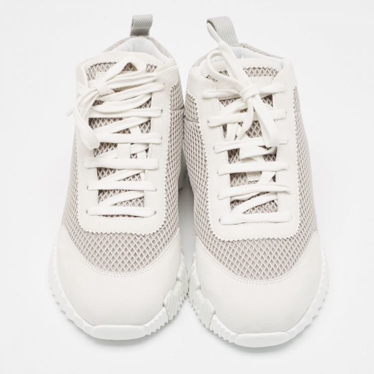 Pre Owned Hermes White/Grey Suede and Mesh Bouncing Sneakers Size 38