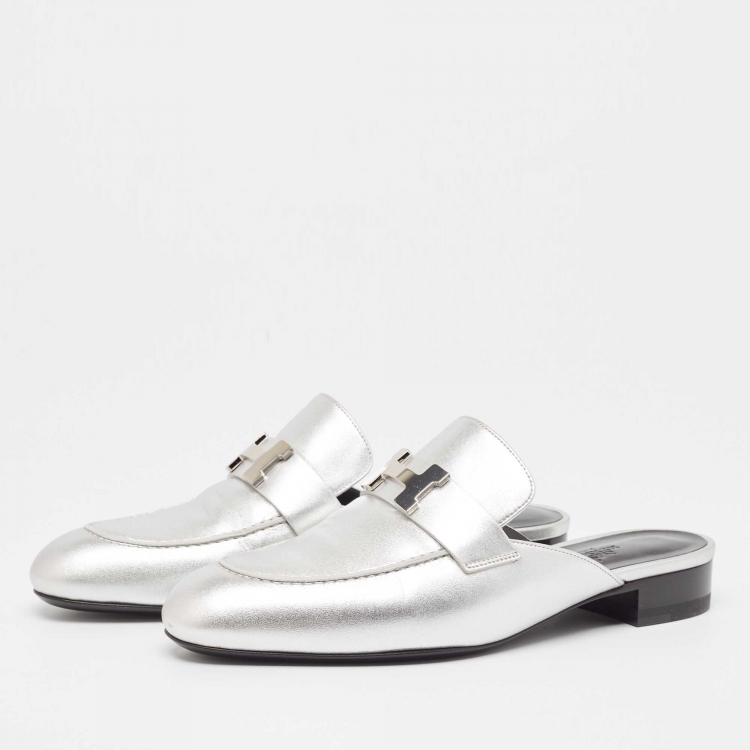 Pre Owned Hermes Silver Leather Trocadero Mules Size 38