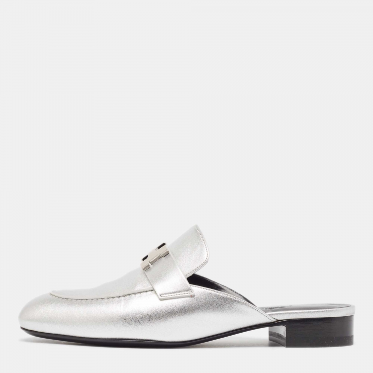 Pre Owned Hermes Silver Leather Trocadero Mules Size 38