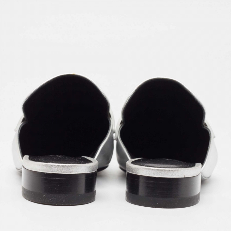 Pre Owned Hermes Silver Leather Trocadero Mules Size 38