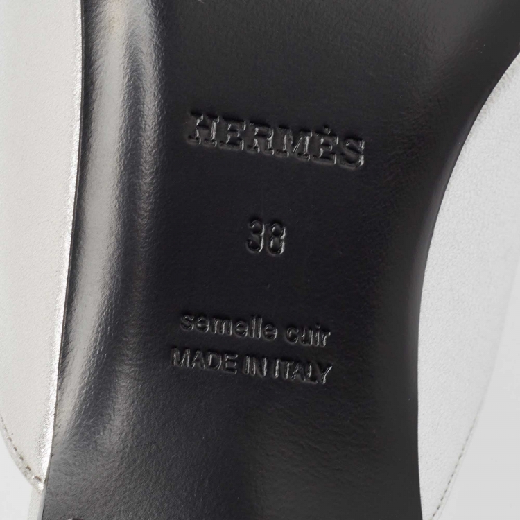 Pre Owned Hermes Silver Leather Trocadero Mules Size 38