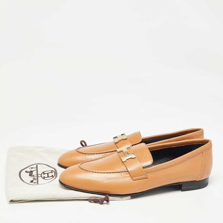 Pre Owned Hermes Brown Leather Paris Loafers  Size 40