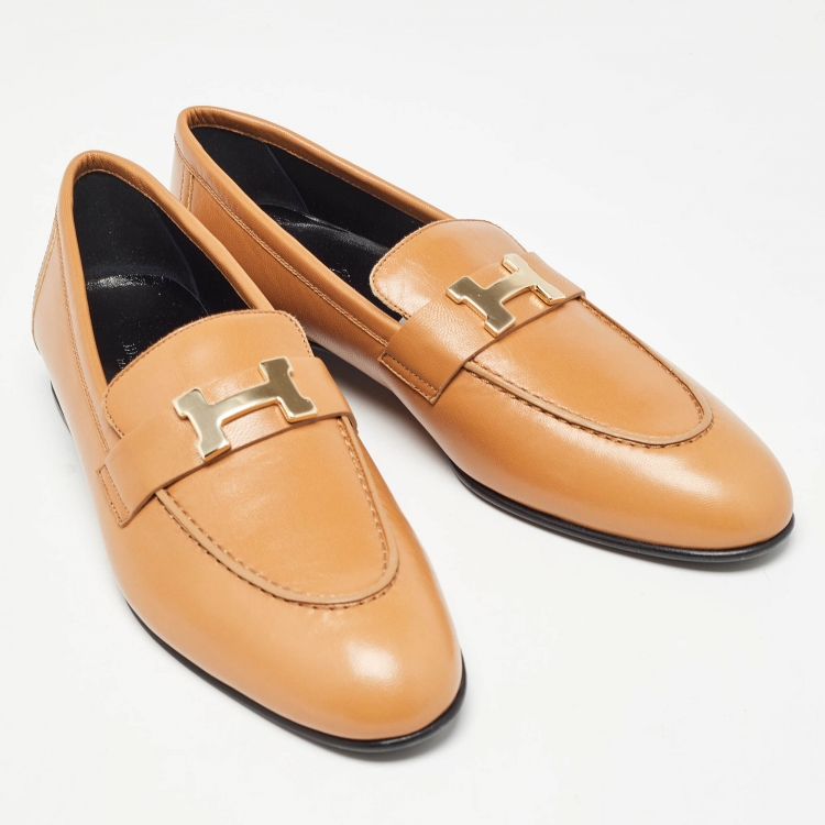 Pre Owned Hermes Brown Leather Paris Loafers  Size 40