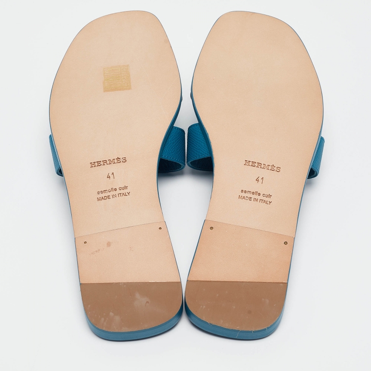 Pre Owned Hermes Blue Leather Oran Flat Slides Size 41 