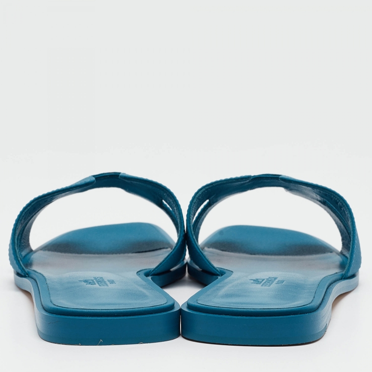 Pre Owned Hermes Blue Leather Oran Flat Slides Size 41 