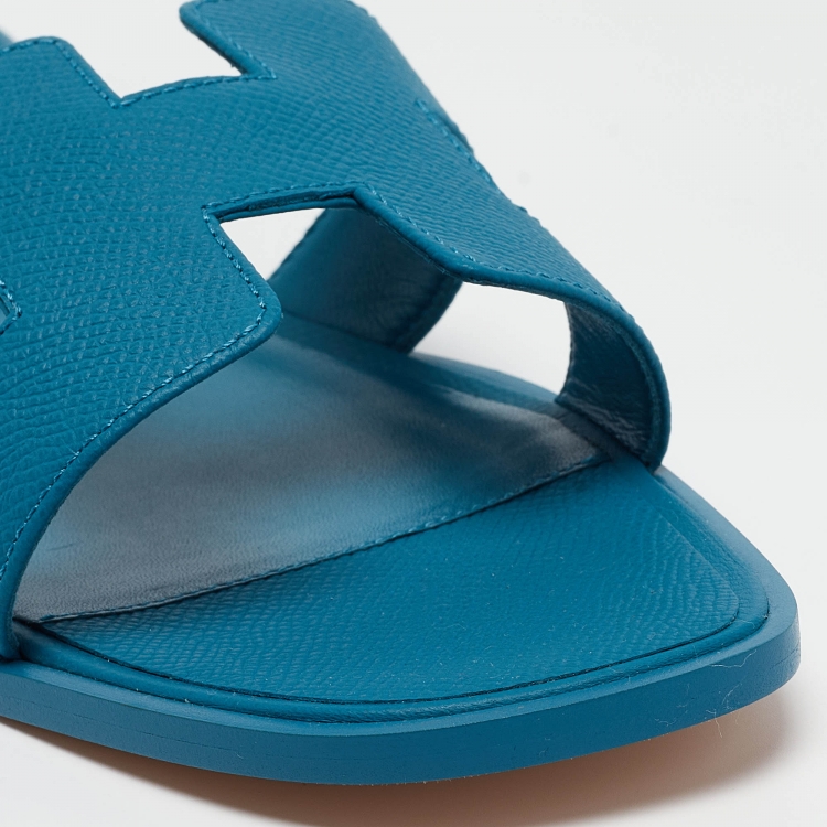 Pre Owned Hermes Blue Leather Oran Flat Slides Size 41 