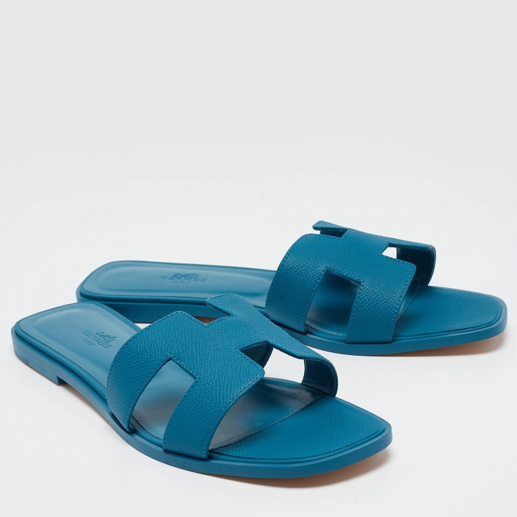 Pre Owned Hermes Blue Leather Oran Flat Slides Size 41 