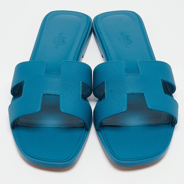 Pre Owned Hermes Blue Leather Oran Flat Slides Size 41 