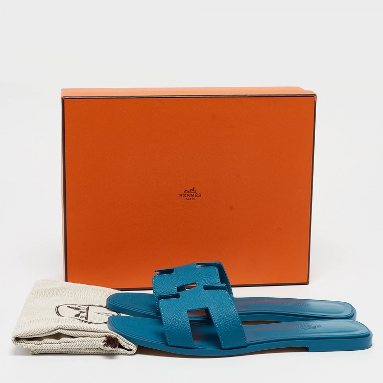 Pre Owned Hermes Blue Leather Oran Flat Slides Size 41 