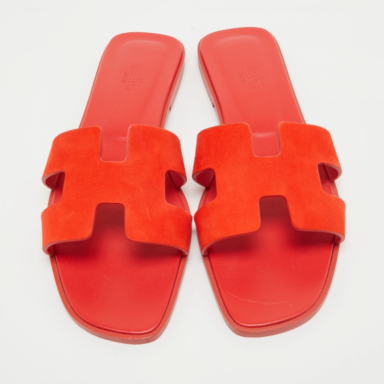 Pre Owned Hermes Red Suede Oran Flat Slides Size 41 