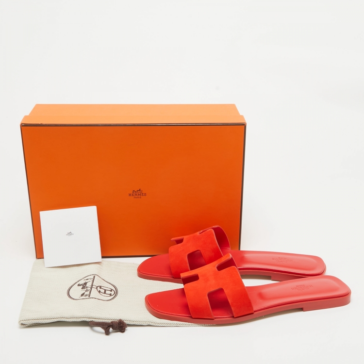 Pre Owned Hermes Red Suede Oran Flat Slides Size 41 