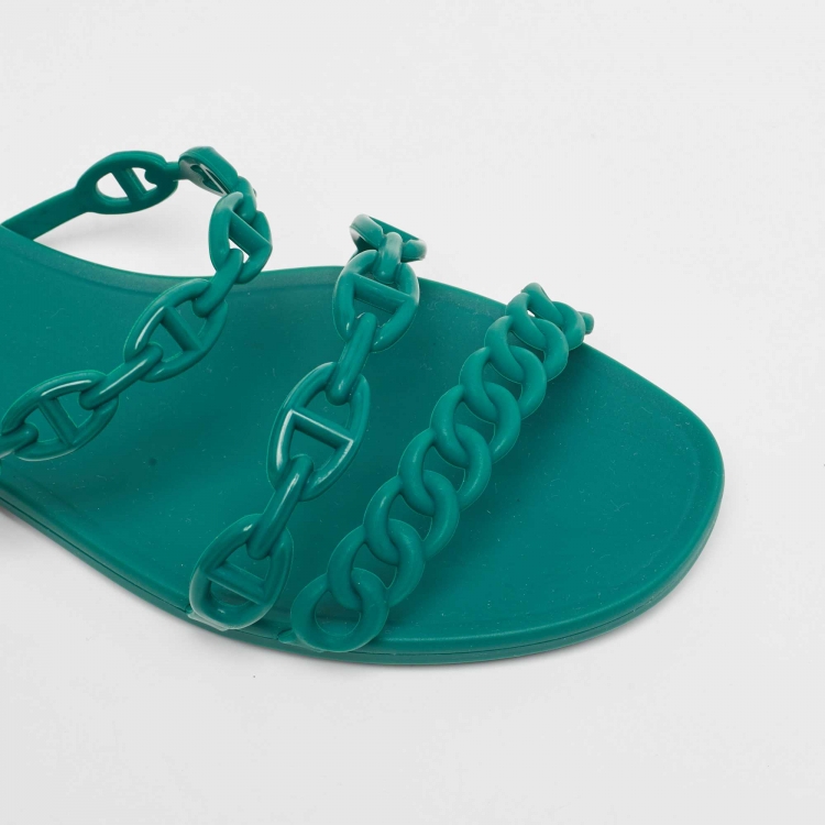 مملوكة مسبقًا Hermes Green Rubber Chaine D'Ancre Rivage Flat Slides Size 40