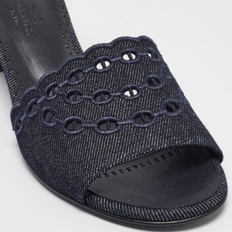 Pre Owned Hermes Navy Blue Denim Gwladys Slide Sandals Size 37