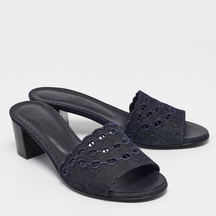 Pre Owned Hermes Navy Blue Denim Gwladys Slide Sandals Size 37