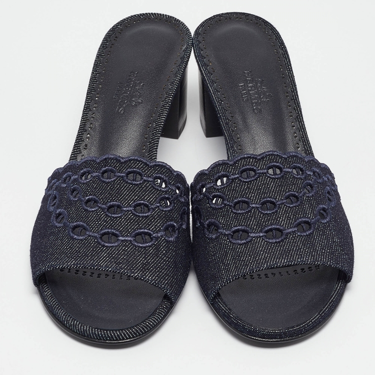 Pre Owned Hermes Navy Blue Denim Gwladys Slide Sandals Size 37