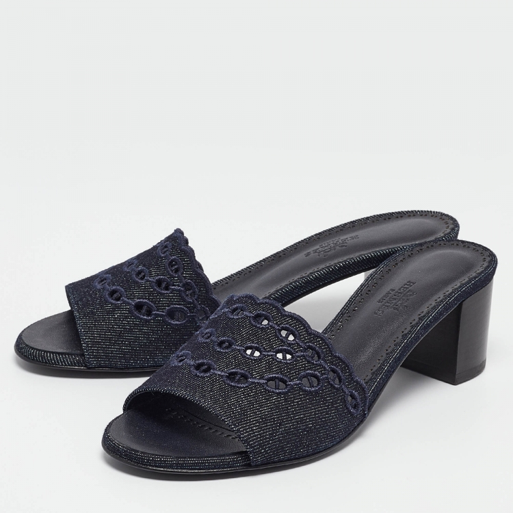 Pre Owned Hermes Navy Blue Denim Gwladys Slide Sandals Size 37