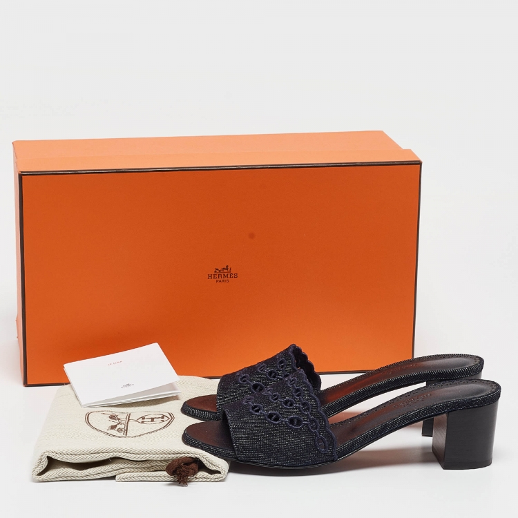 Pre Owned Hermes Navy Blue Denim Gwladys Slide Sandals Size 37