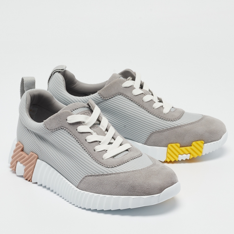 Pre Owned Hermes Grey Mesh and Suede Bouncing Sneakers Size 38