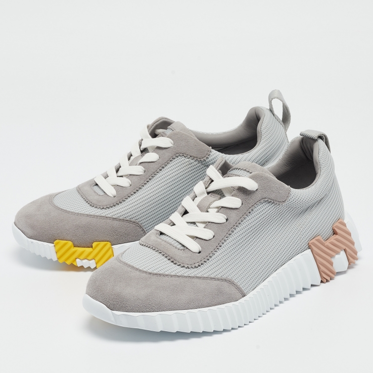 Pre Owned Hermes Grey Mesh and Suede Bouncing Sneakers Size 38