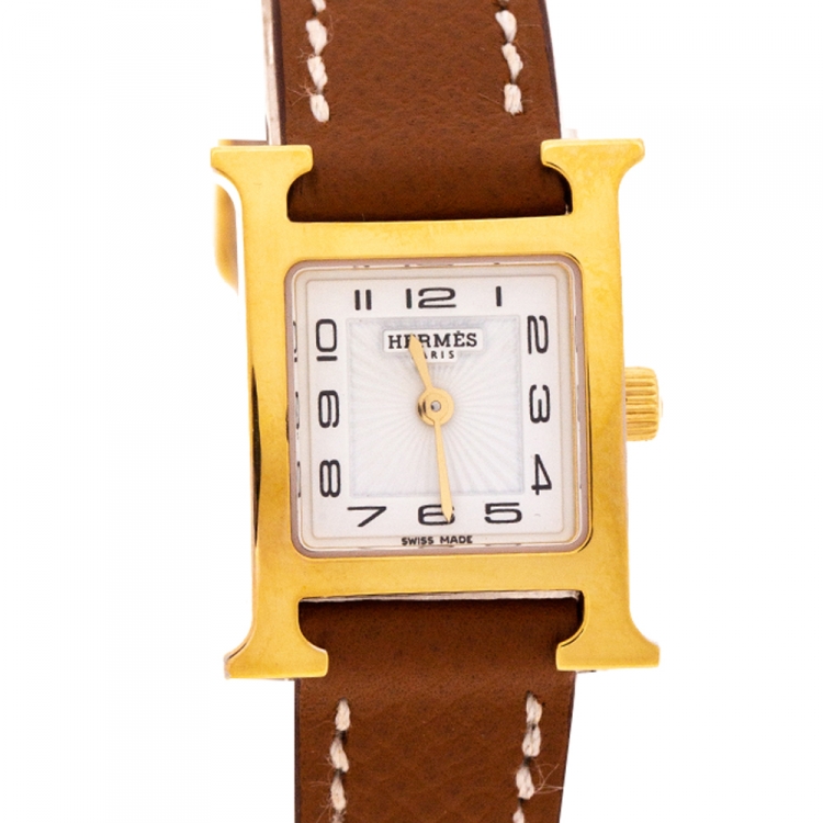 Pre Owned Hermes White Yellow Gold Plated Stainless Steel Heure H WHH1.101 Women's Wristwatch 17.2 mm