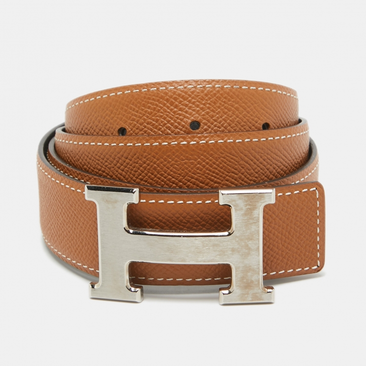 Pre Owned Hermes Black/Gold Epsom and Swift Leather H Buckle Reversible Belt 90CM