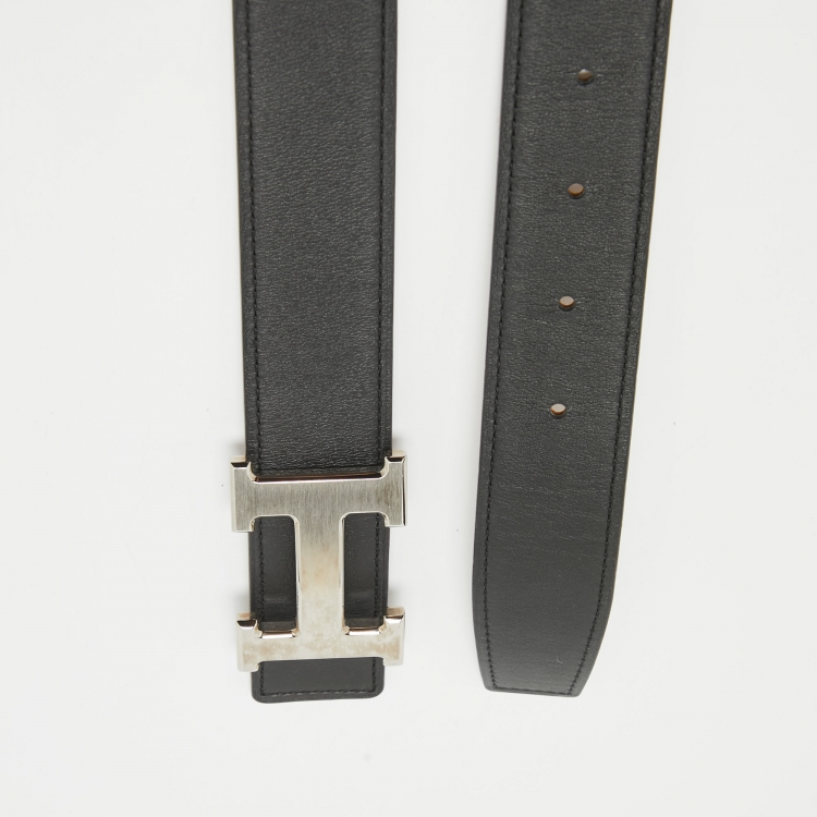 Pre Owned Hermes Black/Gold Epsom and Swift Leather H Buckle Reversible Belt 90CM