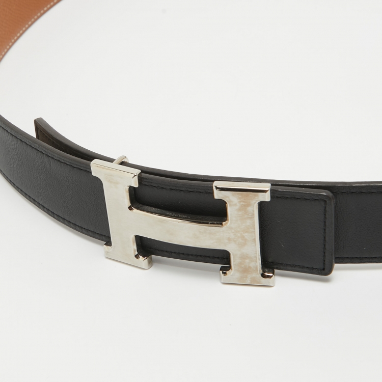 Pre Owned Hermes Black/Gold Epsom and Swift Leather H Buckle Reversible Belt 90CM