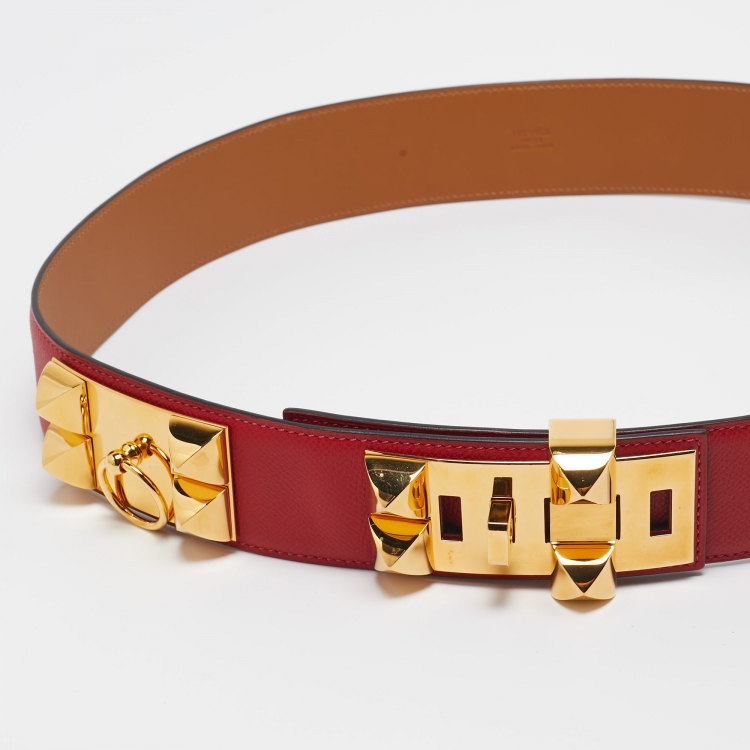 Pre Owned Hermes Rouge Casaque Epsom Leather Collier de Chien Belt 95 CM