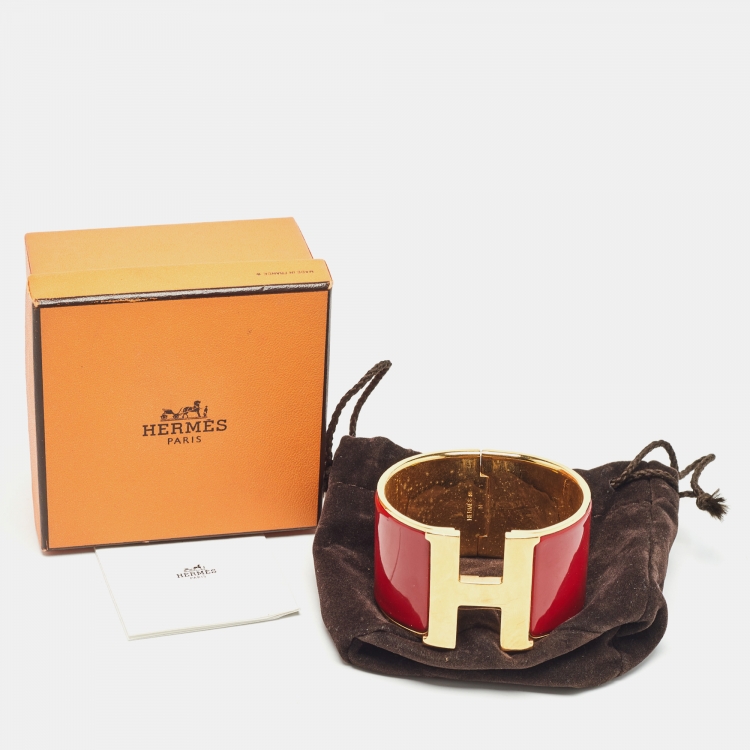 Pre Owned Hermes Clic Clac H Red Enamel Gold Plated Extra Wide Bracelet