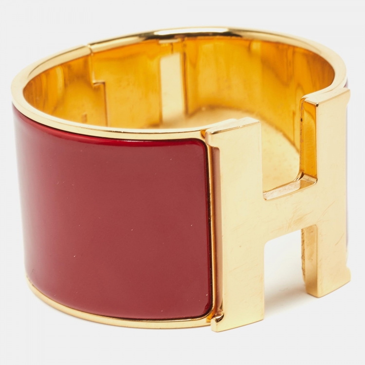 Pre Owned Hermes Clic Clac H Red Enamel Gold Plated Extra Wide Bracelet