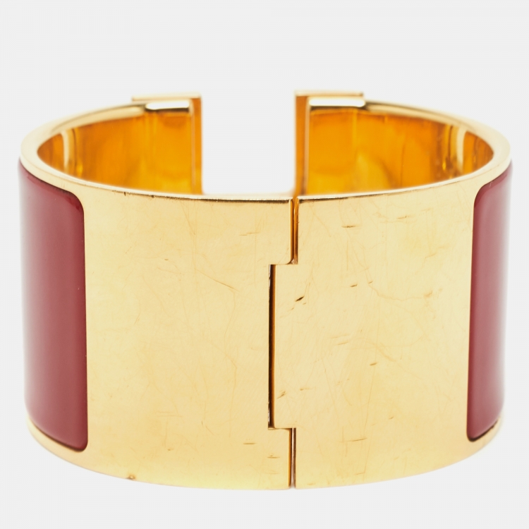 Pre Owned Hermes Clic Clac H Red Enamel Gold Plated Extra Wide Bracelet
