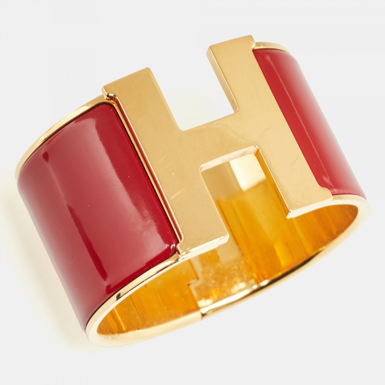 Pre Owned Hermes Clic Clac H Red Enamel Gold Plated Extra Wide Bracelet