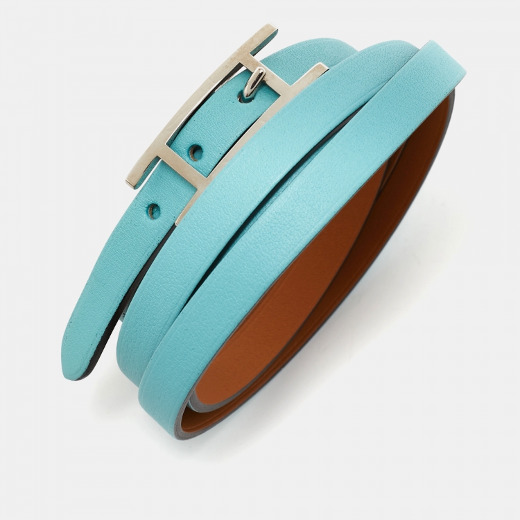 Pre Owned Hermès Celeste Leather Hapi 3 Triple Tour Wrap Bracelet L