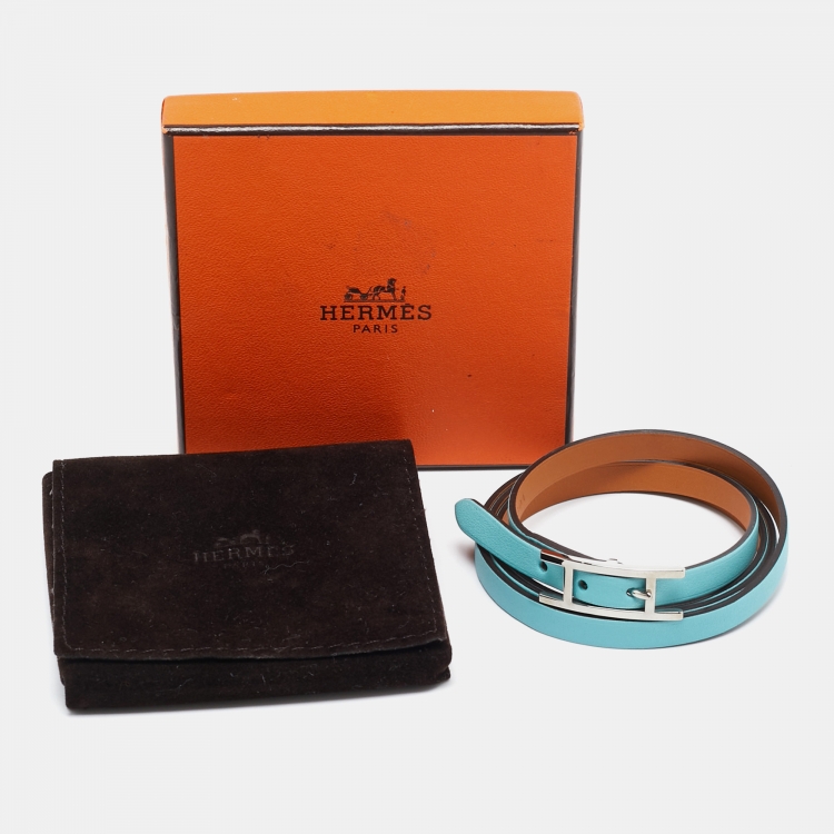 Pre Owned Hermès Celeste Leather Hapi 3 Triple Tour Wrap Bracelet L
